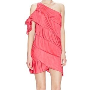 BCBG Women's Mini Dress Tiered Layered Ruffle One Shoulder Tie Sleeve Pale blue